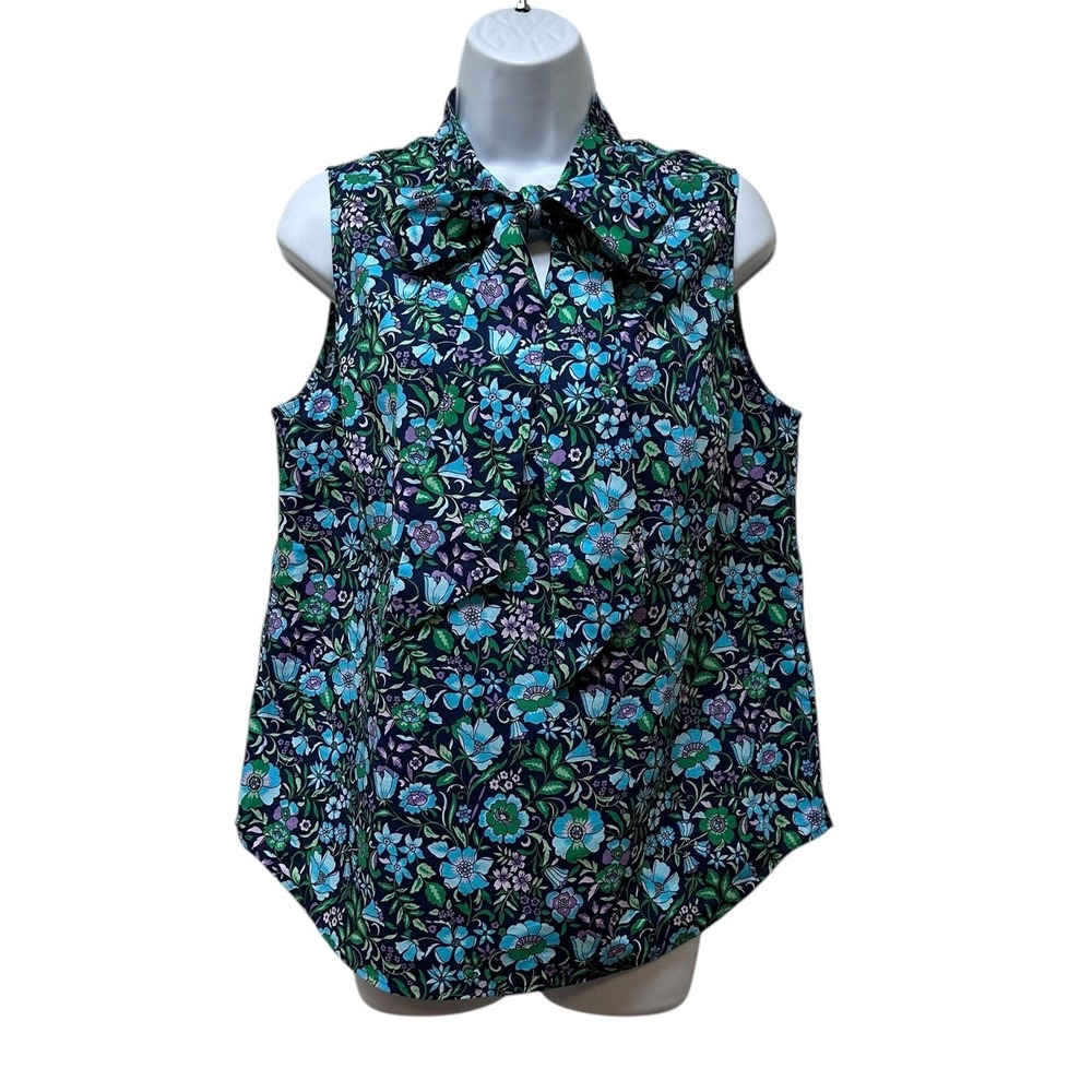 Talbots Tie Neck Floral Print Sleeveless Cotton Top Blue Green Resort Size M NEW